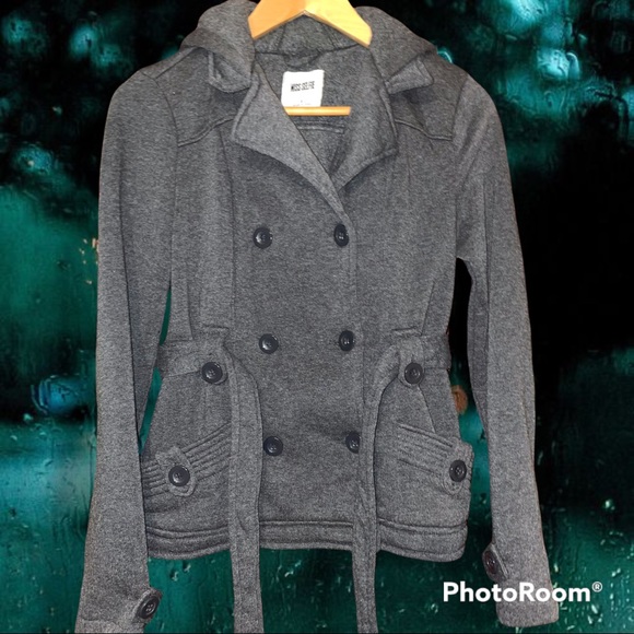 MISS SELFIE Lapel, Double-Breasted Pea Coat w/ Belt, Charcoal Gray, Woman's SM - Picture 12 of 15